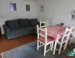 A simple living room with a gray sofa and a dining table with a checkered tablecloth. The decor is straightforward and cozy.